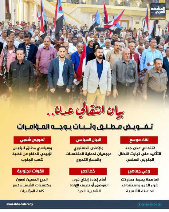 بيان انتقالي عدن.. تفويض مطلق وثبات بوجه المؤامرات (إنفوجراف)