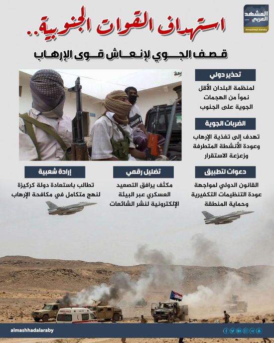 استهداف القوات الجنوبية.. قصف جوي لإنعاش قوى الإرهاب (إنفوجراف)