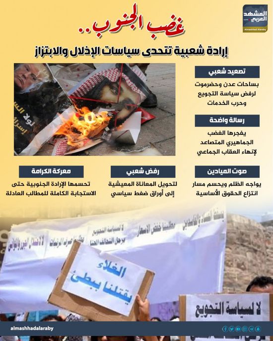 غضب الجنوب.. إرادة شعبية تتحدى سياسات الإذلال والابتزاز (إنفوجراف)