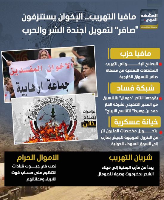 مافيا التهريب.. الإخوان يستنزفون "صافر" لتمويل أجندة الشر والحرب (إنفوجراف)