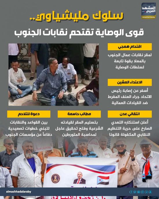 سلوك مليشياوي.. قوى الوصاية تقتحم نقابات الجنوب (إنفوجراف)