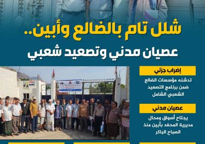 شلل تام بالضالع وأبين.. عصيان مدني وتصعيد شعبي (إنفوجراف)