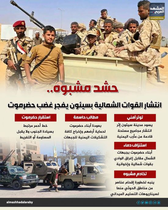 حشد مشبوه.. انتشار القوات الشمالية بسيئون يفجر غضب حضرموت (إنفوجراف)