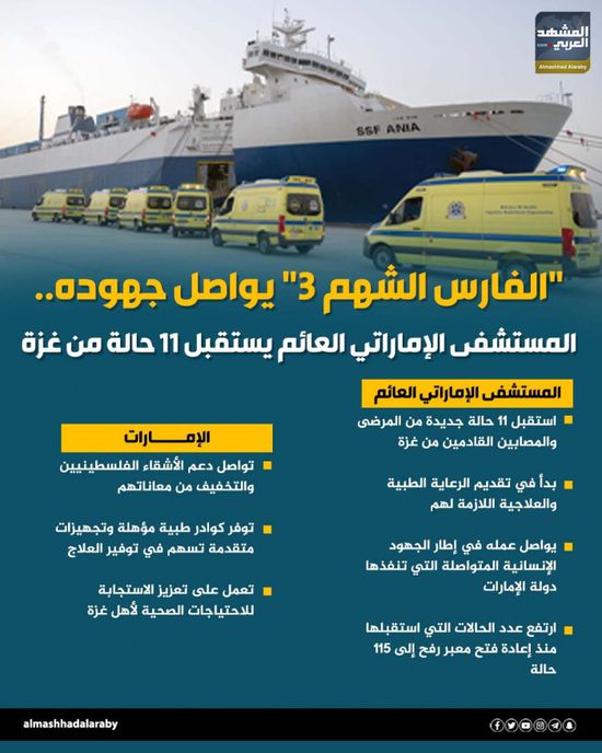 "الفارس الشهم 3" يواصل جهوده.. المستشفى الإماراتي العائم يستقبل 11 حالة من غزة (إنفوجراف) 