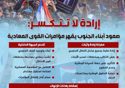 إرادة لا تتكسر.. صمود أبناء الجنوب يقهر مؤامرات القوى المعادية (إنفوجراف)