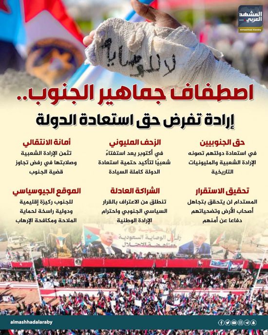 اصطفاف جماهير الجنوب.. إرادة تفرض حق استعادة الدولة (إنفوجراف)