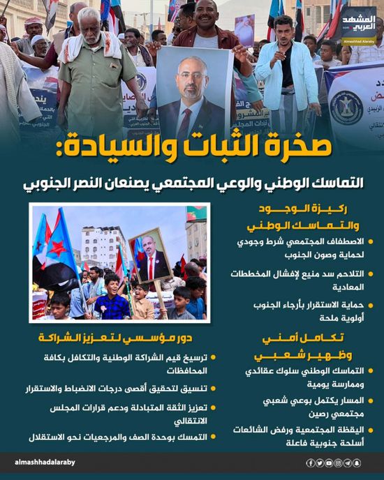 صخرة الثبات والسيادة: التماسك الوطني والوعي المجتمعي يصنعان النصر الجنوبي (إنفوجراف)