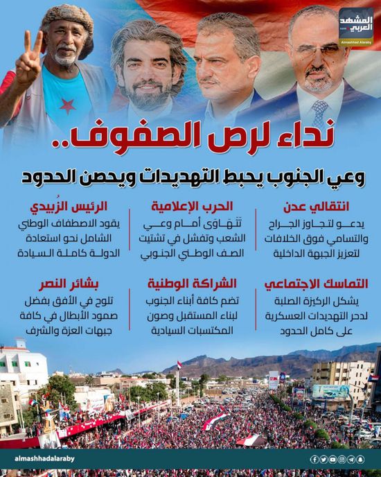 نداء لرص الصفوف.. وعي الجنوب يحبط التهديدات ويحصن الحدود (إنفوجراف)