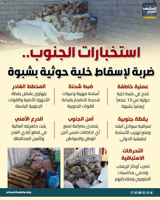 استخبارات الجنوب.. ضربة لإسقاط خلية حوثية بشبوة (إنفوجراف)